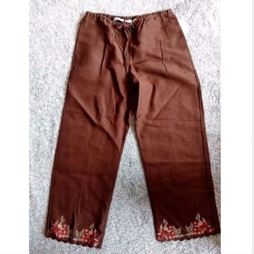 Emma James Pants Linen  Brown Embroidered  Size M